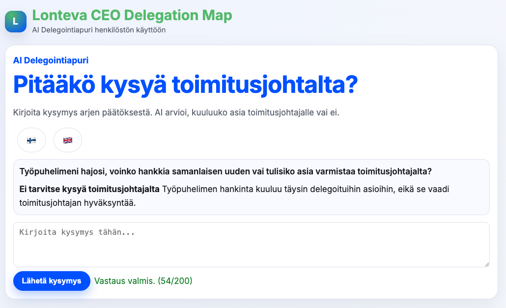 AI Delegointiapuri käyttöliittymä